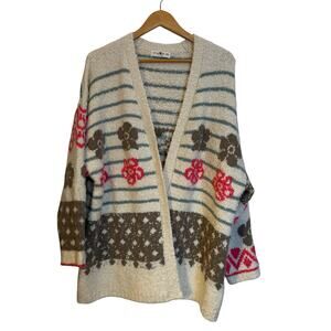 Natural Life Calla Jacquard Cardigan Sweater White Floral Stripe Open Front S/M